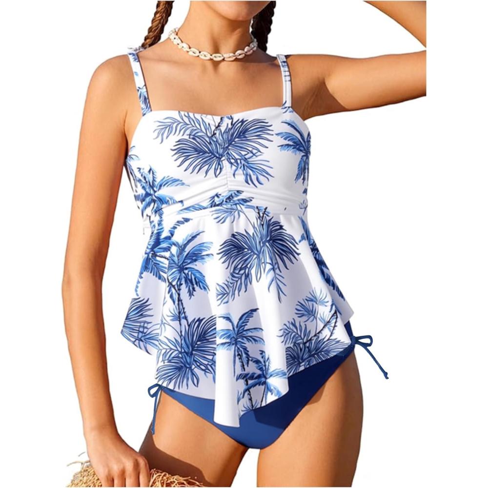 imageGRACE KARIN Girls Tankini Swimsuit Swimwear Teen Cute Ruffle Bathing Suit Kids 2 Piece Shirred Bikini Set with Padded 816Dark Bluecoconut Tree