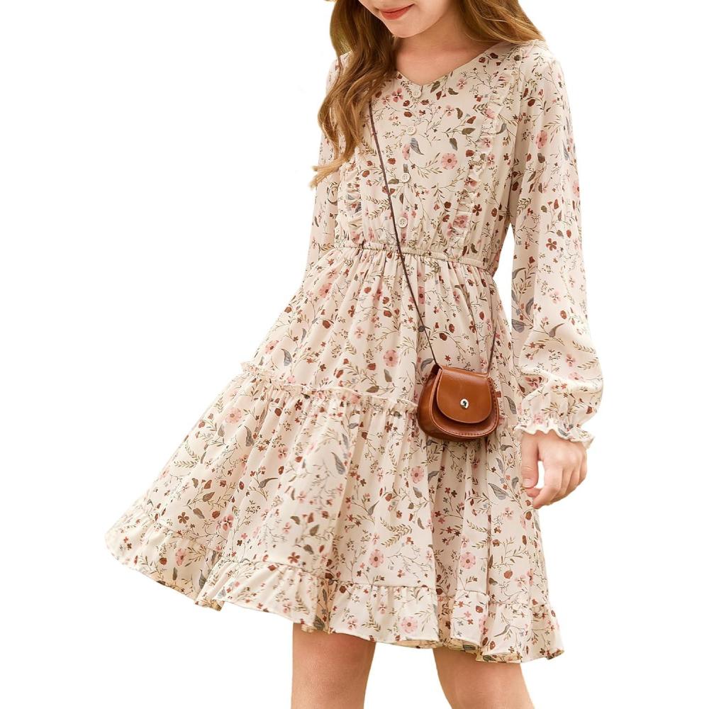 imageGRACE KARIN Girls VNeck Floral Dresses 614Y Kids Long Sleeve Casual Fall Winter Christmas Holiday Hawaiian Flower DressApricot