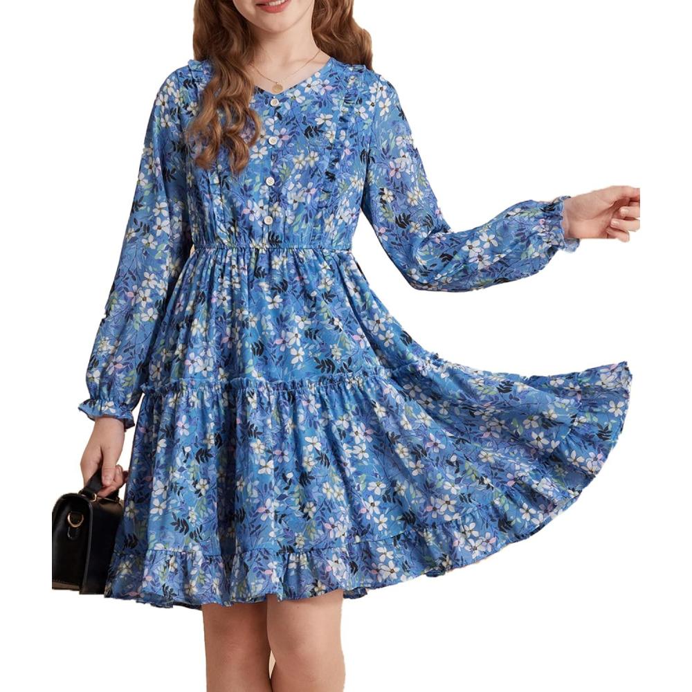 imageGRACE KARIN Girls VNeck Floral Dresses 614Y Kids Long Sleeve Casual Fall Winter Christmas Holiday Hawaiian Flower DressBlue