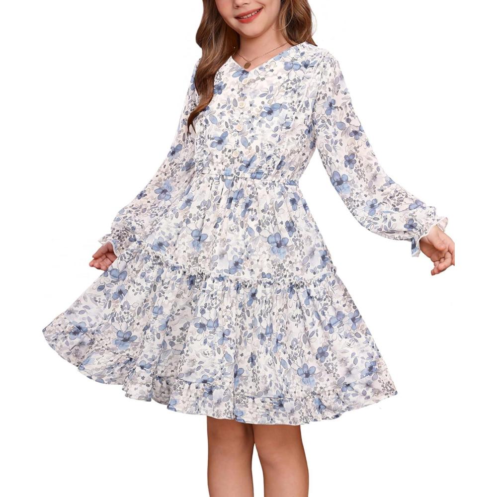 imageGRACE KARIN Girls VNeck Floral Dresses 614Y Kids Long Sleeve Casual Fall Winter Christmas Holiday Hawaiian Flower DressBlue Floral