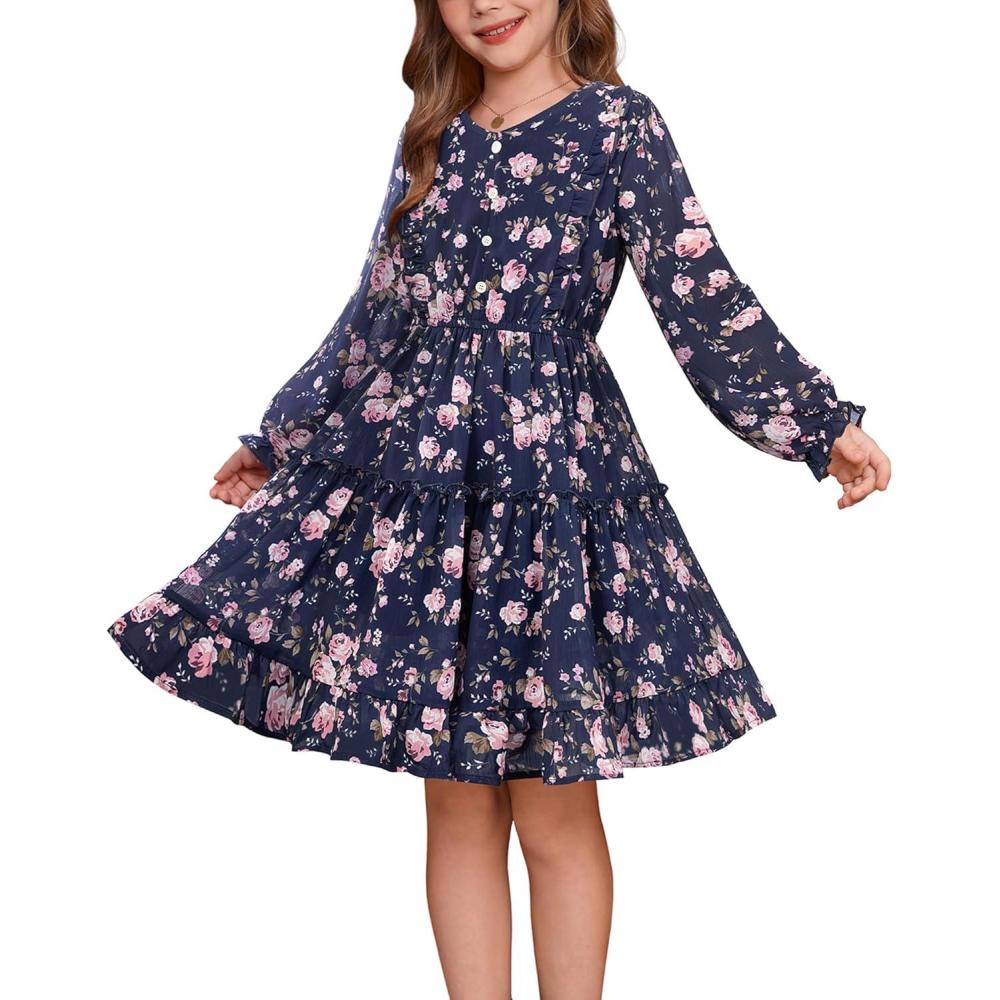 imageGRACE KARIN Girls VNeck Floral Dresses 614Y Kids Long Sleeve Casual Fall Winter Christmas Holiday Hawaiian Flower DressBlue Pink Floral