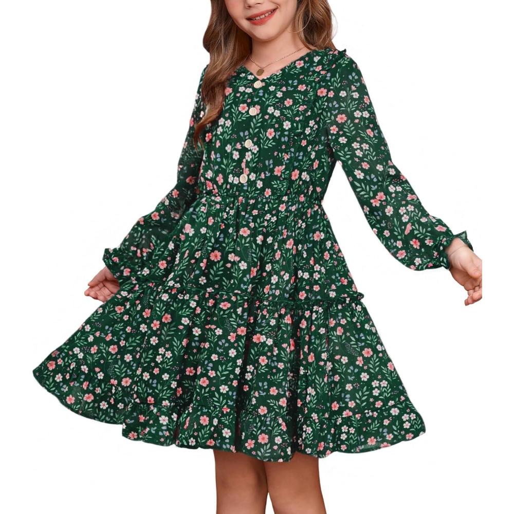 imageGRACE KARIN Girls VNeck Floral Dresses 614Y Kids Long Sleeve Casual Fall Winter Christmas Holiday Hawaiian Flower DressGreen Floral