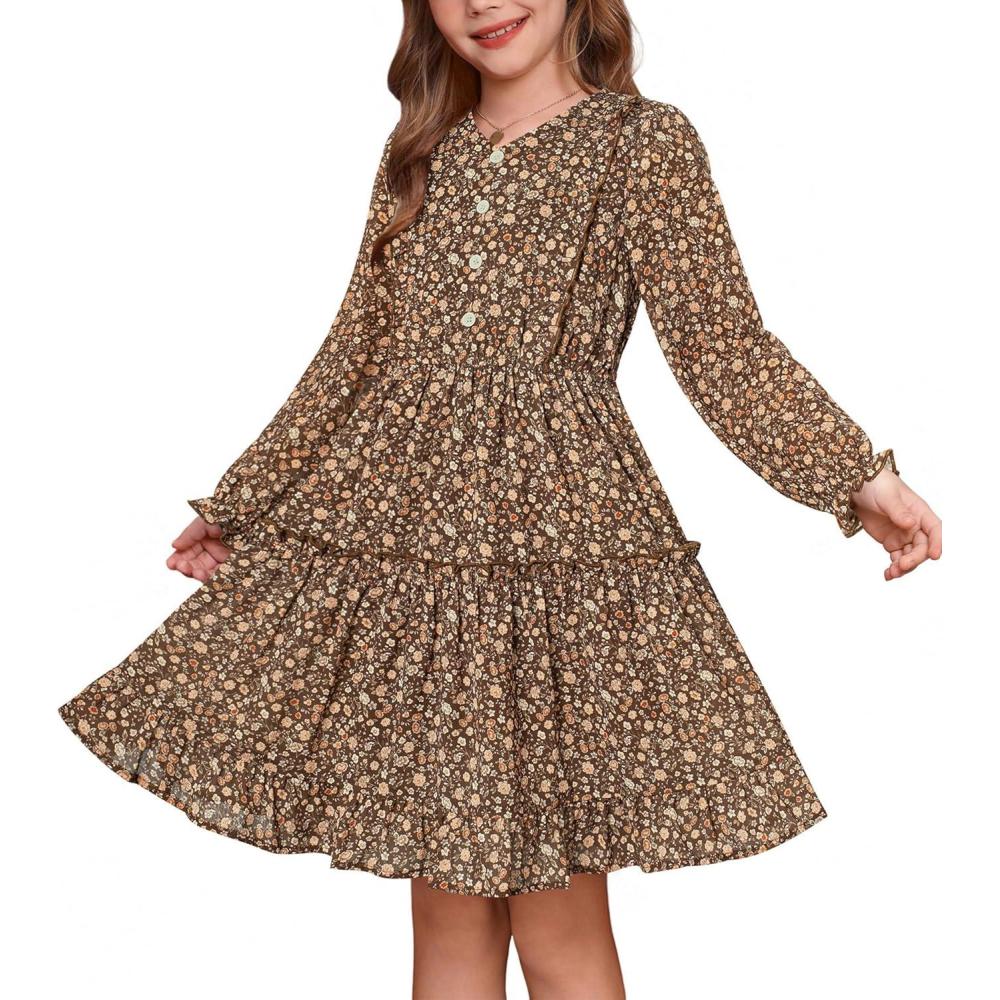 imageGRACE KARIN Girls VNeck Floral Dresses 614Y Kids Long Sleeve Casual Fall Winter Christmas Holiday Hawaiian Flower DressLight Brown Floral