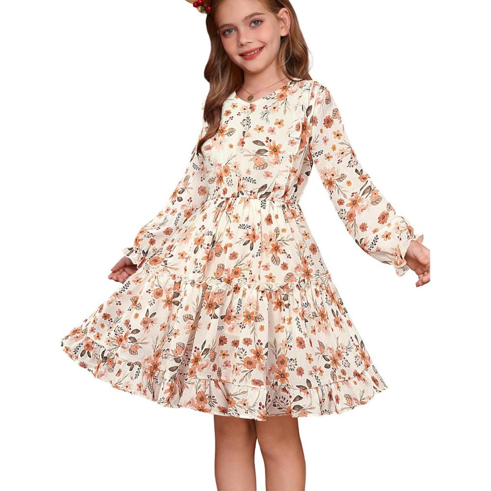 imageGRACE KARIN Girls VNeck Floral Dresses 614Y Kids Long Sleeve Casual Fall Winter Christmas Holiday Hawaiian Flower DressOrange Floral