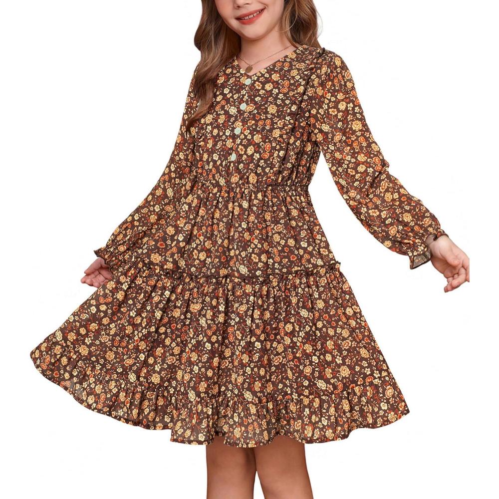 imageGRACE KARIN Girls VNeck Floral Dresses 614Y Kids Long Sleeve Casual Fall Winter Christmas Holiday Hawaiian Flower DressRed Brown Floral