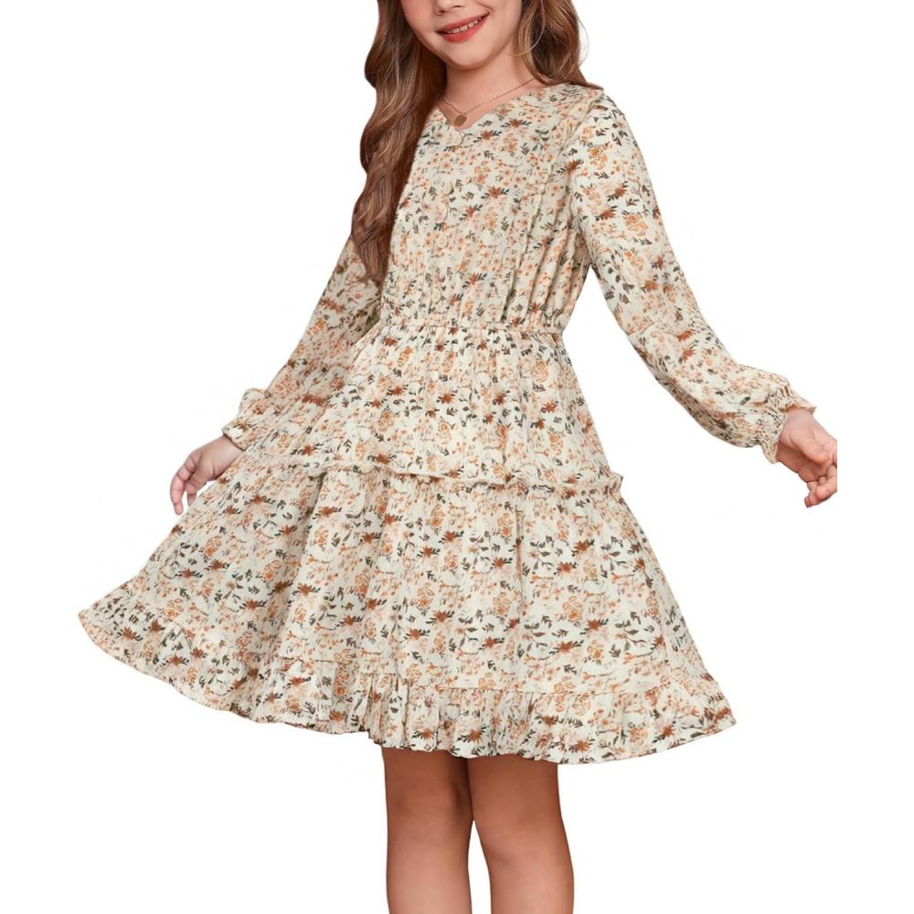 imageGRACE KARIN Girls VNeck Floral Dresses 614Y Kids Long Sleeve Casual Fall Winter Christmas Holiday Hawaiian Flower DressWhite Floral