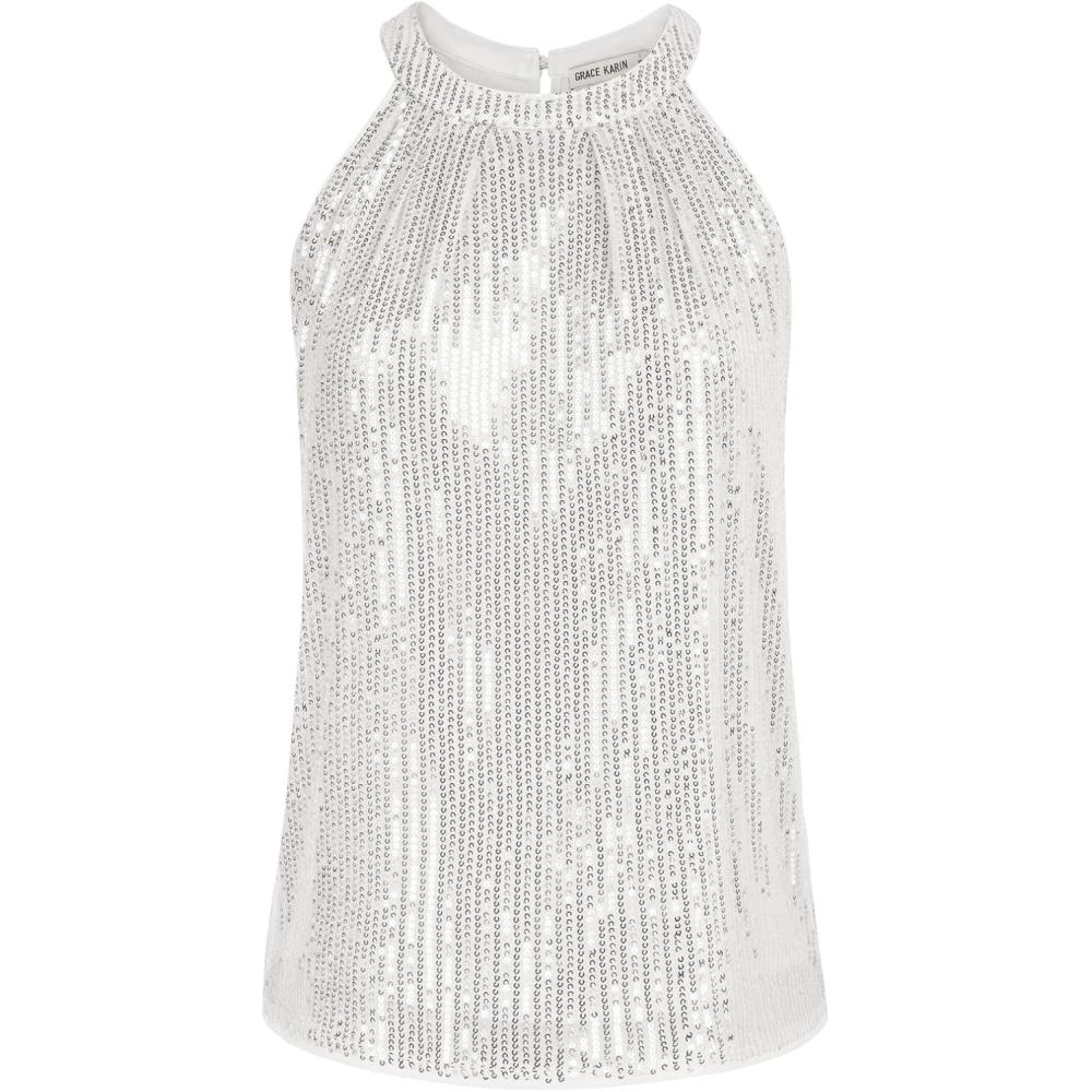 imageGRACE KARIN Sequin Halter Tops for Women Sleeveless Sparkly Shiny Tank Tops Ruched Flowy Sparkly Club Outfits Party ShirtSilver White