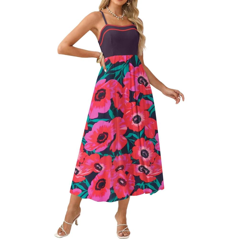 imageGRACE KARIN Summer Dresses for Women 2026Color Block Floral Maxi DressSpaghetti Strap A Line Dresses with PocketsBlack Pink Floral