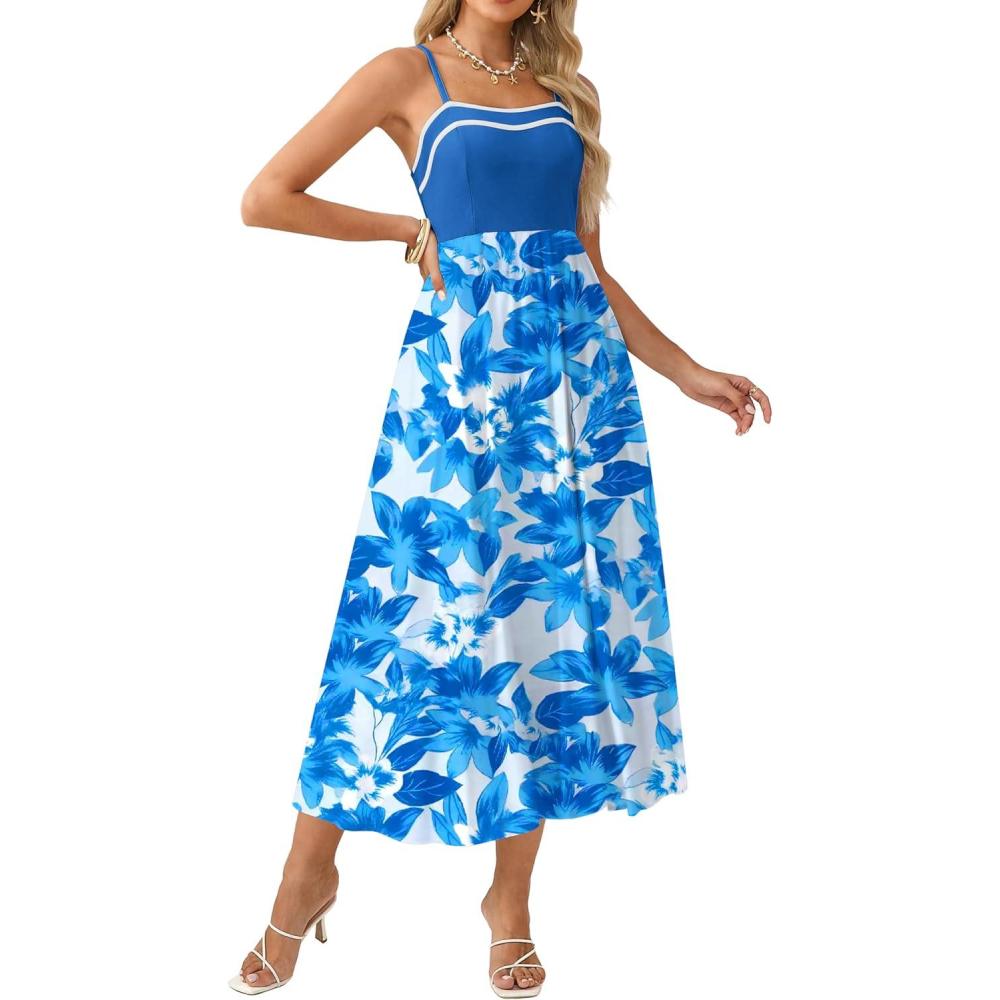 imageGRACE KARIN Summer Dresses for Women 2026Color Block Floral Maxi DressSpaghetti Strap A Line Dresses with PocketsBlue White Floral