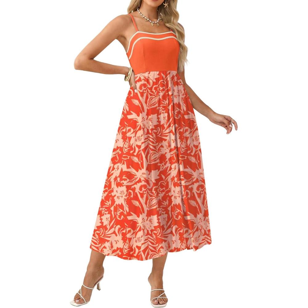 imageGRACE KARIN Summer Dresses for Women 2026Color Block Floral Maxi DressSpaghetti Strap A Line Dresses with PocketsOrange Floral