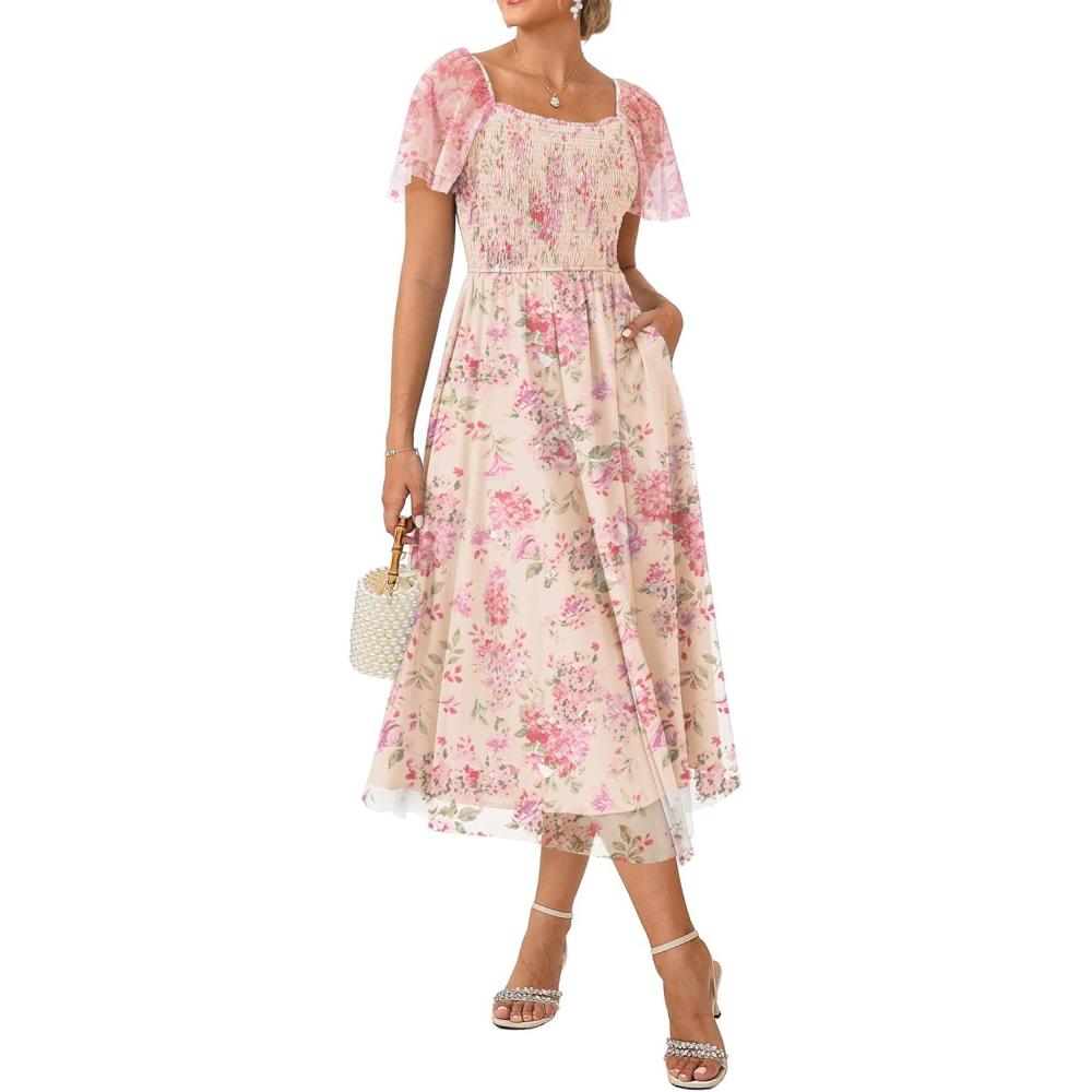 imageGRACE KARIN Summer Floral Maxi Dress for WomenSquare Neck Formal DressShort Sleeve Wedding Guest DressesFloral Apricot Pink