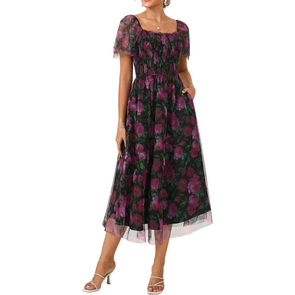 imageGRACE KARIN Summer Floral Maxi Dress for WomenSquare Neck Formal DressShort Sleeve Wedding Guest DressesFloral Black Red