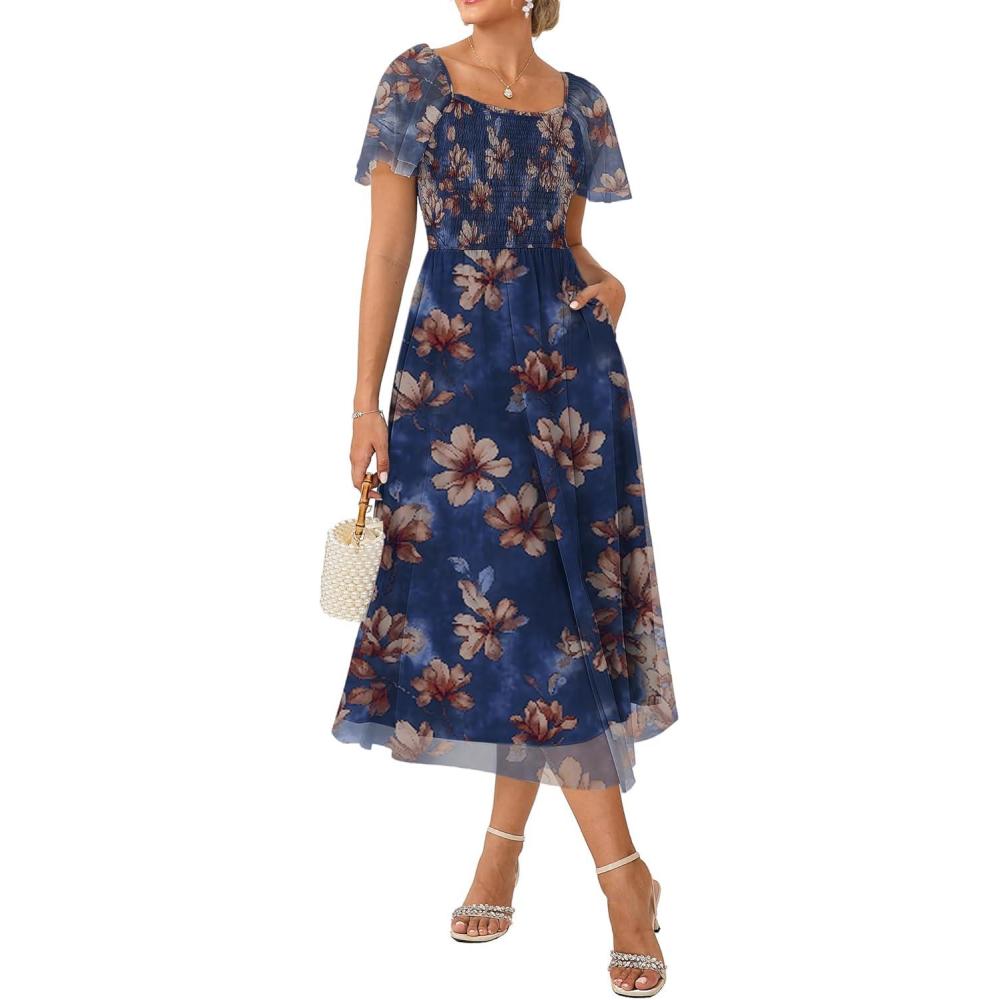 imageGRACE KARIN Summer Floral Maxi Dress for WomenSquare Neck Formal DressShort Sleeve Wedding Guest DressesFloral Navy Blue