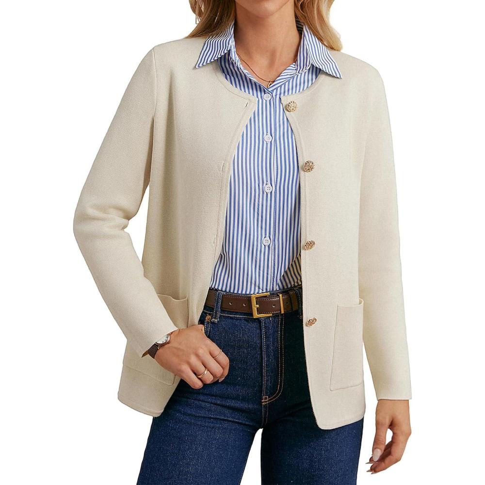 imageGRACE KARIN Sweater Blazers for Women 2025 Casual Button up Cardigan Sweater Open Front Knit Blazer Jacket with PocketsApricot