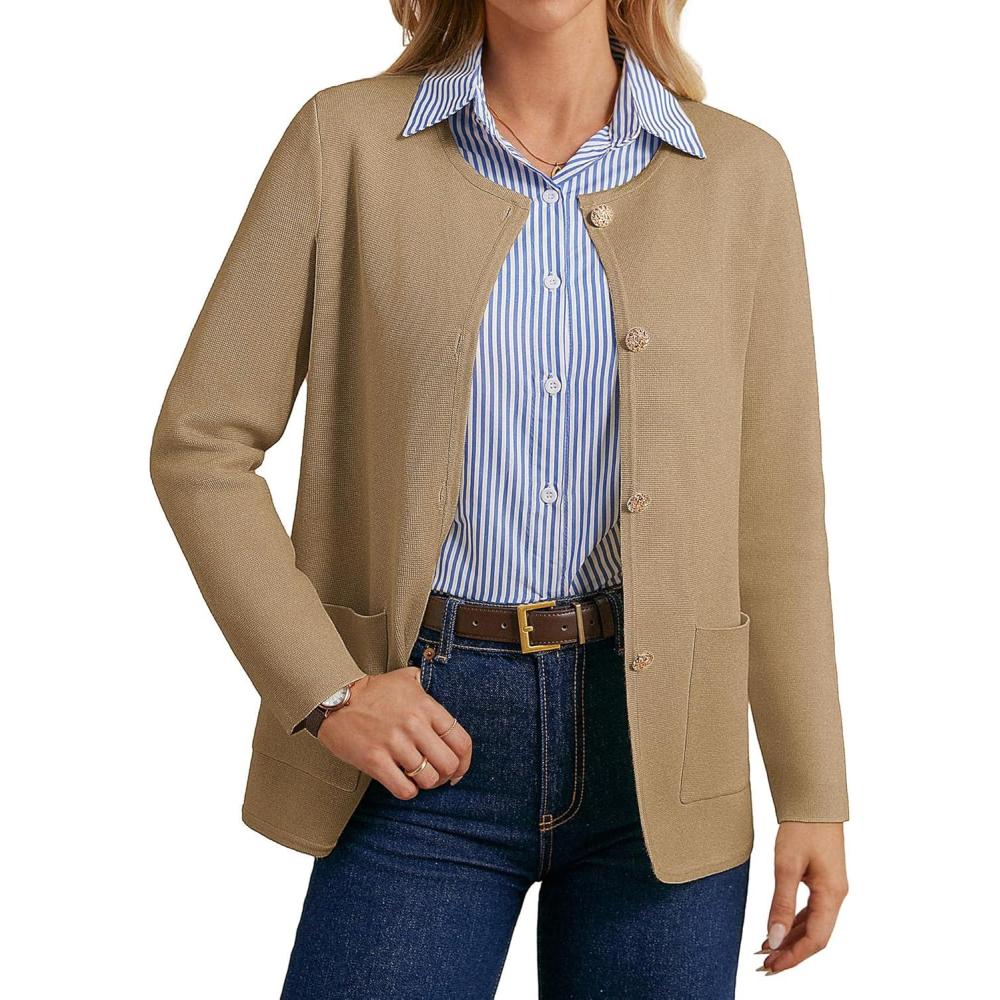 imageGRACE KARIN Sweater Blazers for Women 2025 Casual Button up Cardigan Sweater Open Front Knit Blazer Jacket with PocketsCamel