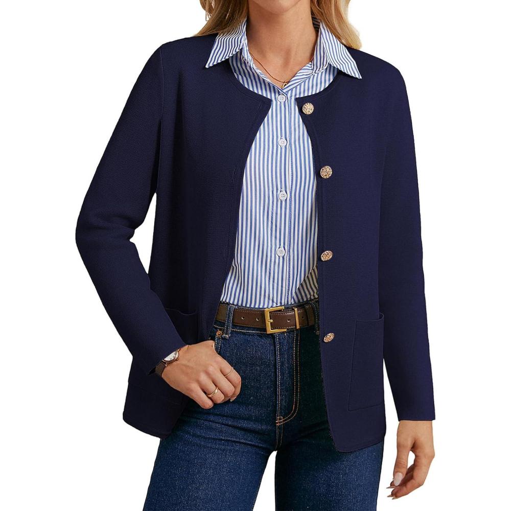 imageGRACE KARIN Sweater Blazers for Women 2025 Casual Button up Cardigan Sweater Open Front Knit Blazer Jacket with PocketsNavy Blue