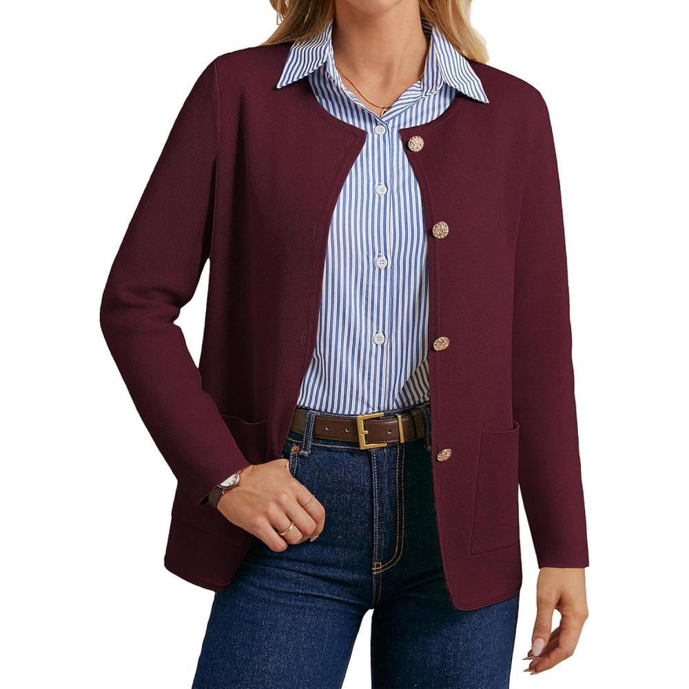 imageGRACE KARIN Sweater Blazers for Women 2025 Casual Button up Cardigan Sweater Open Front Knit Blazer Jacket with PocketsWine Red