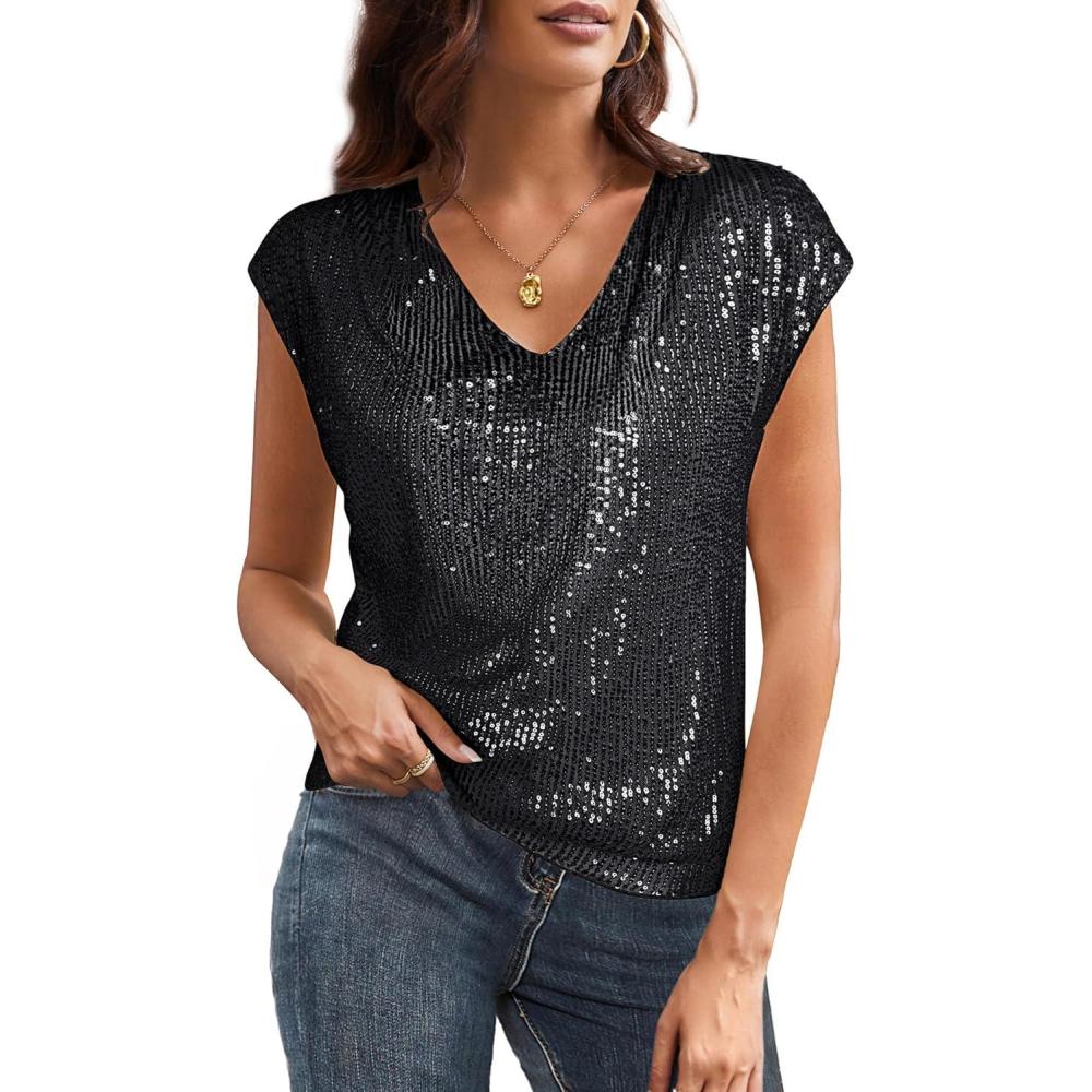 imageGRACE KARIN V Neck Sequin Short Sleeve Tops for Women Elastic Sparkly Tank Top for PartyBlack