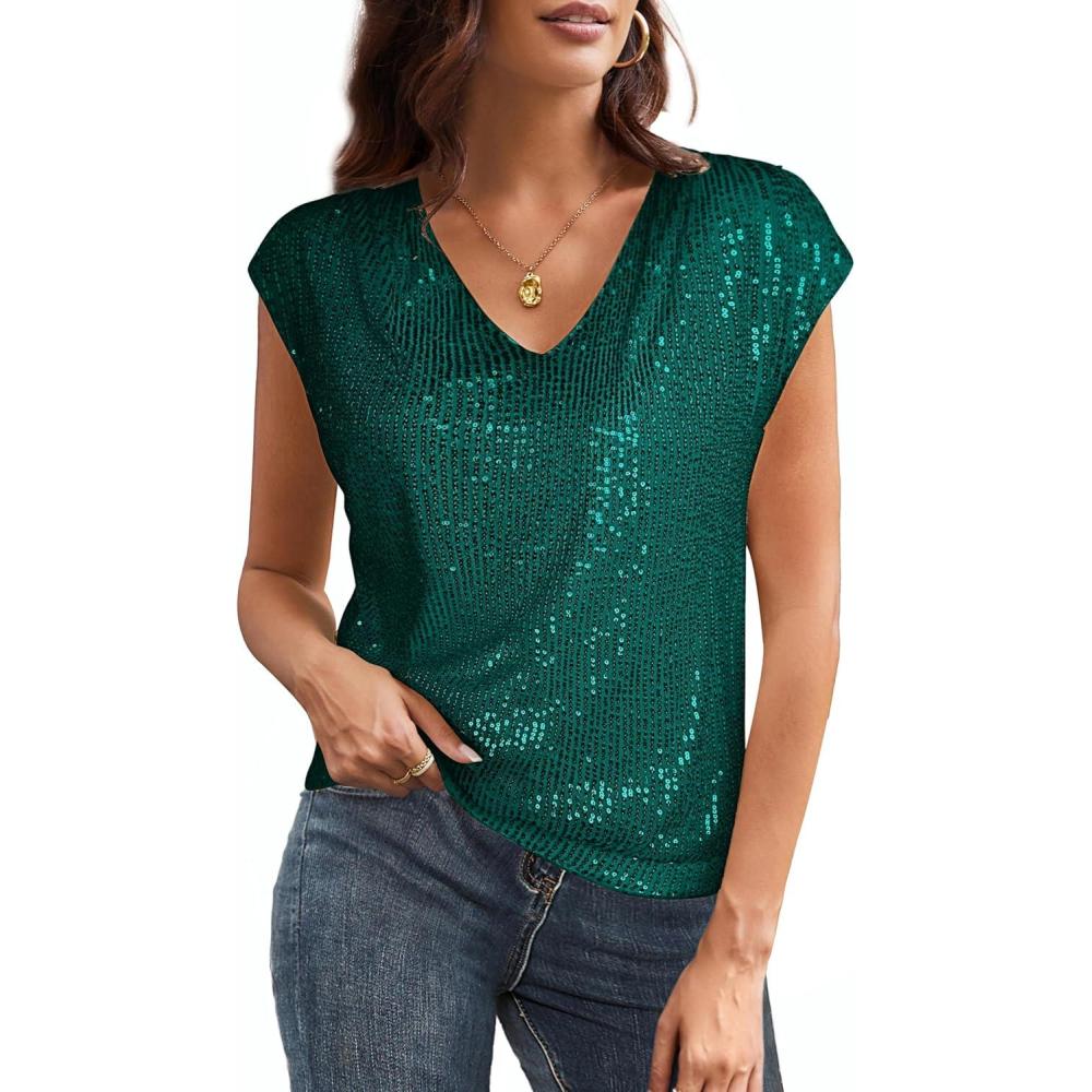imageGRACE KARIN V Neck Sequin Short Sleeve Tops for Women Elastic Sparkly Tank Top for PartyBlue Green