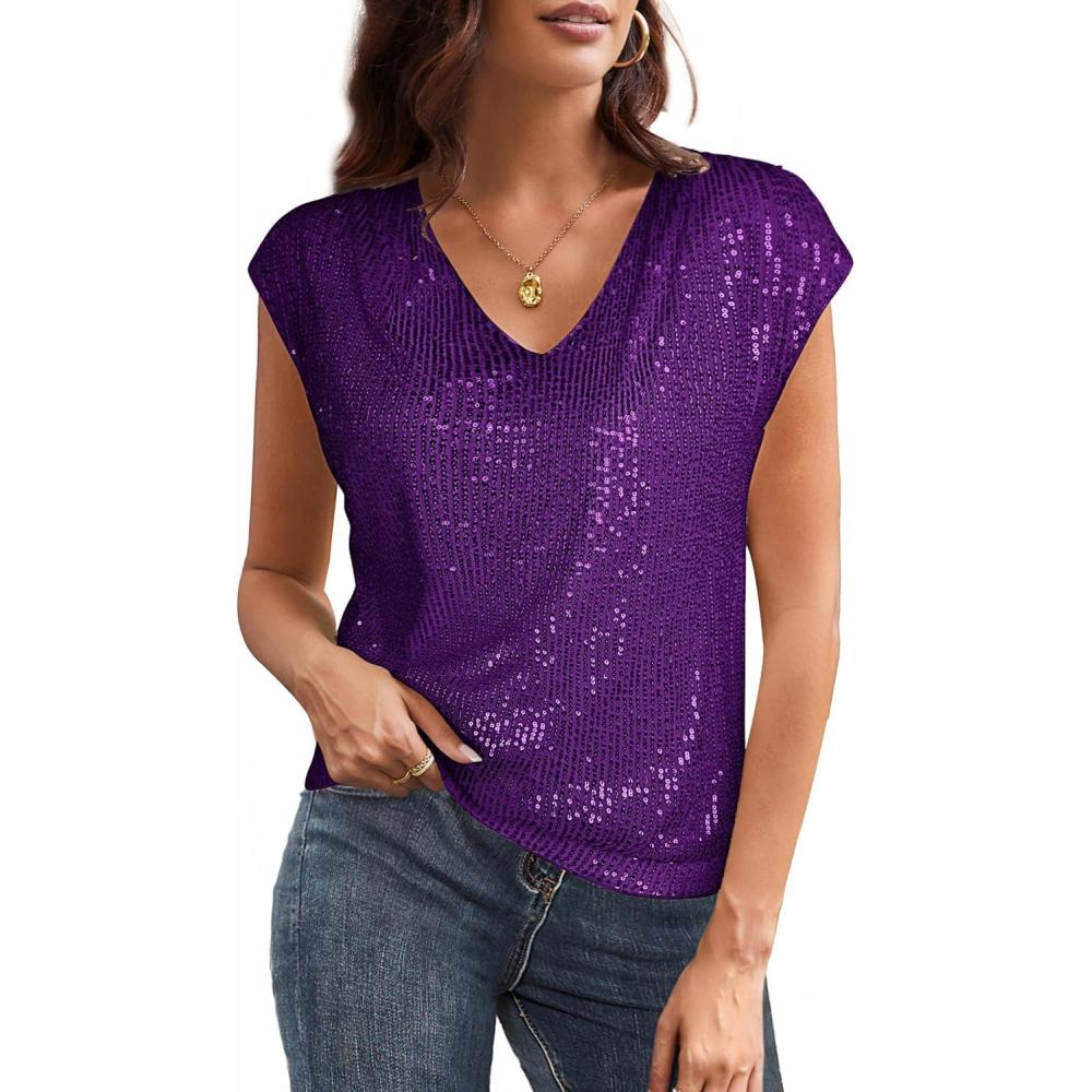 imageGRACE KARIN V Neck Sequin Short Sleeve Tops for Women Elastic Sparkly Tank Top for PartyDark Purple