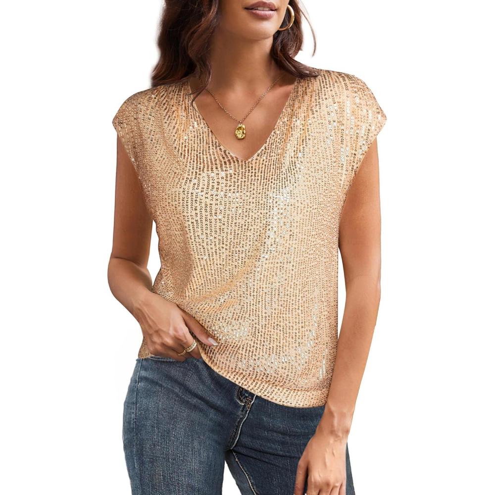 imageGRACE KARIN V Neck Sequin Short Sleeve Tops for Women Elastic Sparkly Tank Top for PartyGold