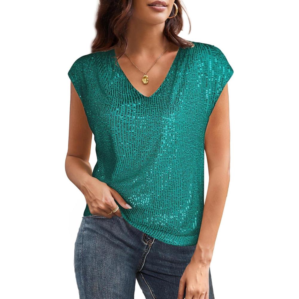 imageGRACE KARIN V Neck Sequin Short Sleeve Tops for Women Elastic Sparkly Tank Top for PartyLake Green