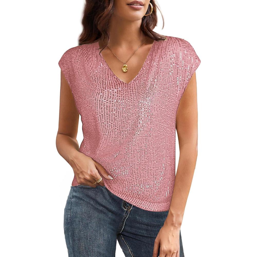 imageGRACE KARIN V Neck Sequin Short Sleeve Tops for Women Elastic Sparkly Tank Top for PartyLight Pink