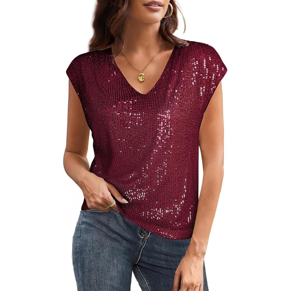 imageGRACE KARIN V Neck Sequin Short Sleeve Tops for Women Elastic Sparkly Tank Top for PartyWine Red