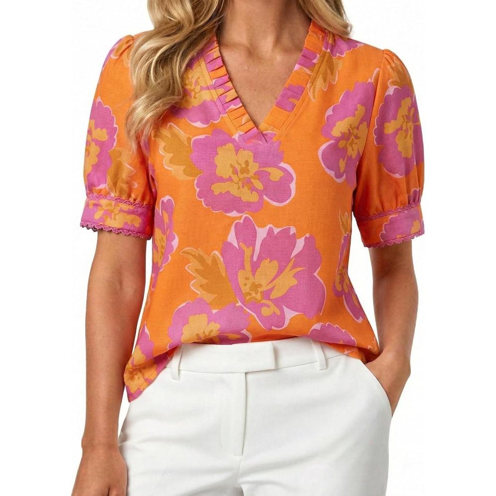 imageGRACE KARIN Women Boho Floral Tops Summer Puff Short Sleeve Dressy Casual Shirts 2026 Spring V Neck Vacation Work BlousePink Orange