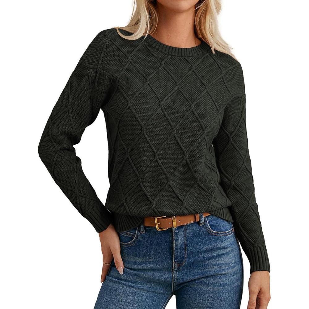 imageGRACE KARIN Women Fall Long Sleeve Crew Neck Sweaters 2025 Fashion Knit Trendy Pullover Top Cable Stretchy Winter ClothesArmy Green