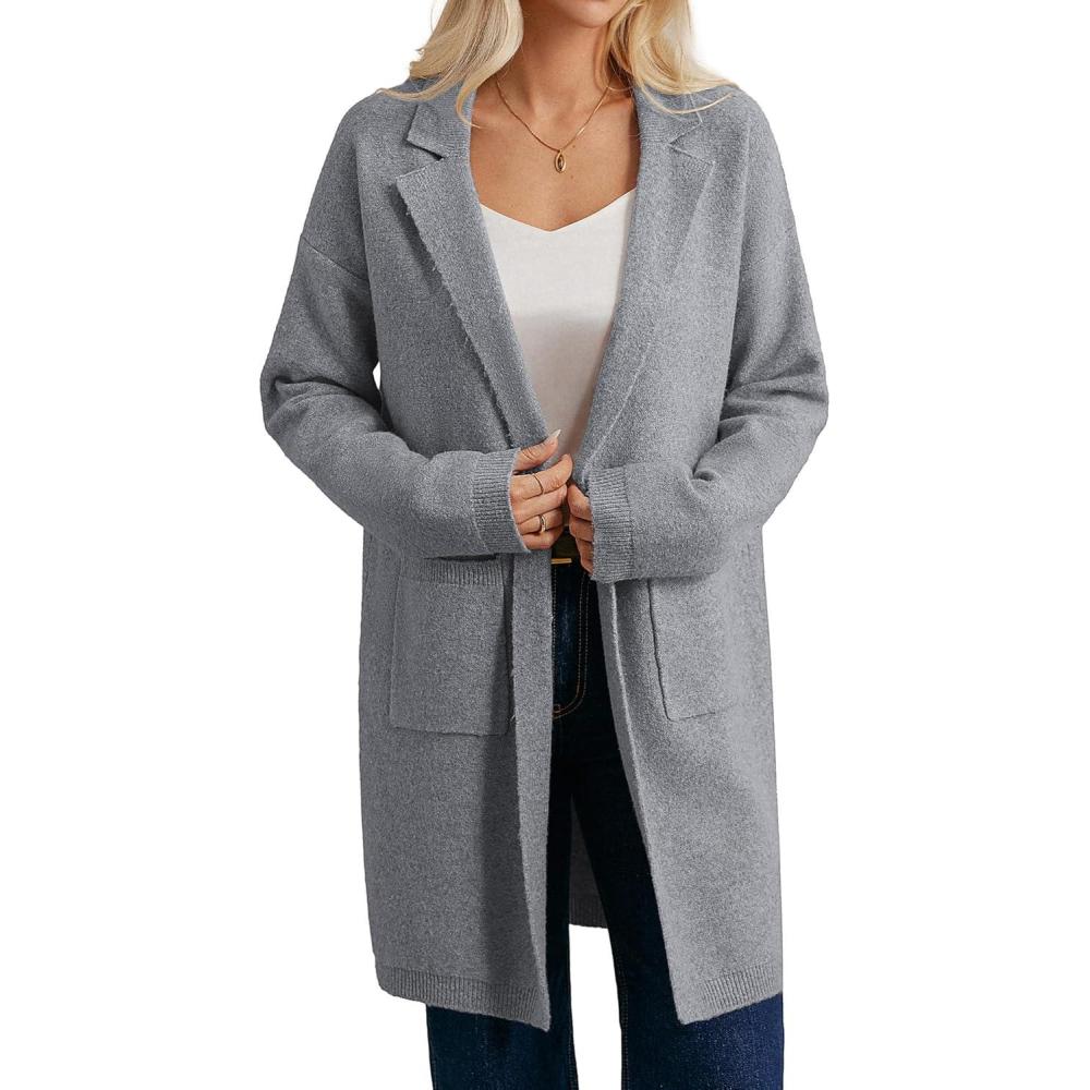 imageGRACE KARIN Women Long Sweater Blazers 2025 Open Front Knit Cardigan Dressy Soft Lapel Jacket with PocketsGrey