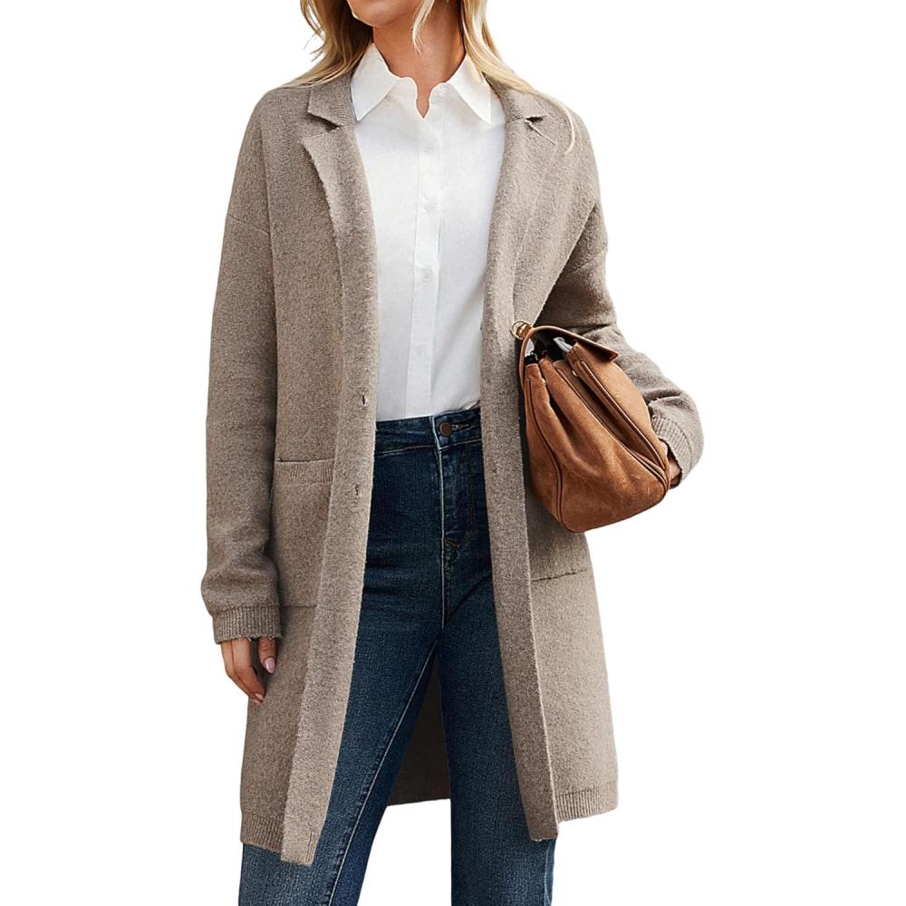 imageGRACE KARIN Women Long Sweater Blazers 2025 Open Front Knit Cardigan Dressy Soft Lapel Jacket with PocketsKhaki