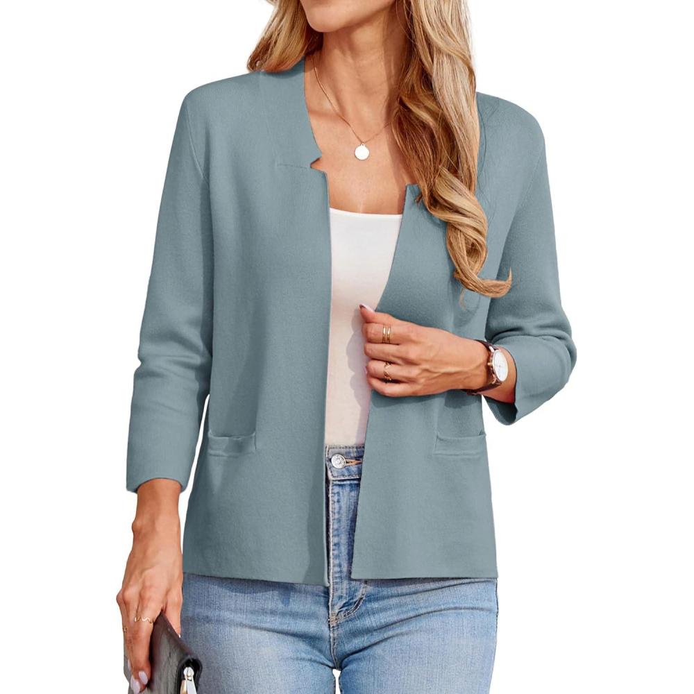 imageGRACE KARIN Women Sweater Blazer 34 Sleeve Cropped Cardigan Lightweight Notch Collar Knit Blazer Jacket Business CasualGray Blue
