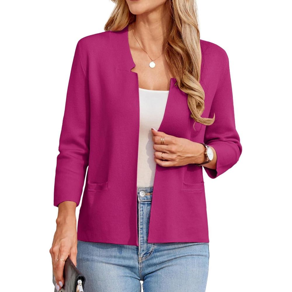 imageGRACE KARIN Women Sweater Blazer 34 Sleeve Cropped Cardigan Lightweight Notch Collar Knit Blazer Jacket Business CasualHot Pink