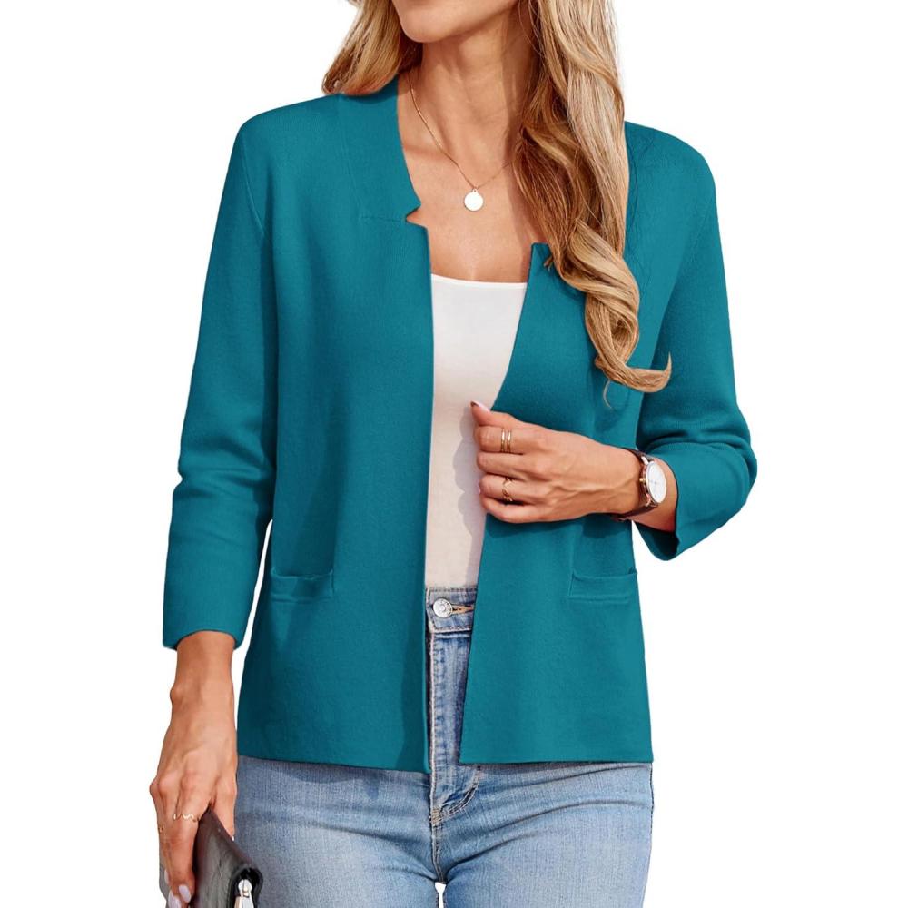 imageGRACE KARIN Women Sweater Blazer 34 Sleeve Cropped Cardigan Lightweight Notch Collar Knit Blazer Jacket Business CasualPeacock Blue