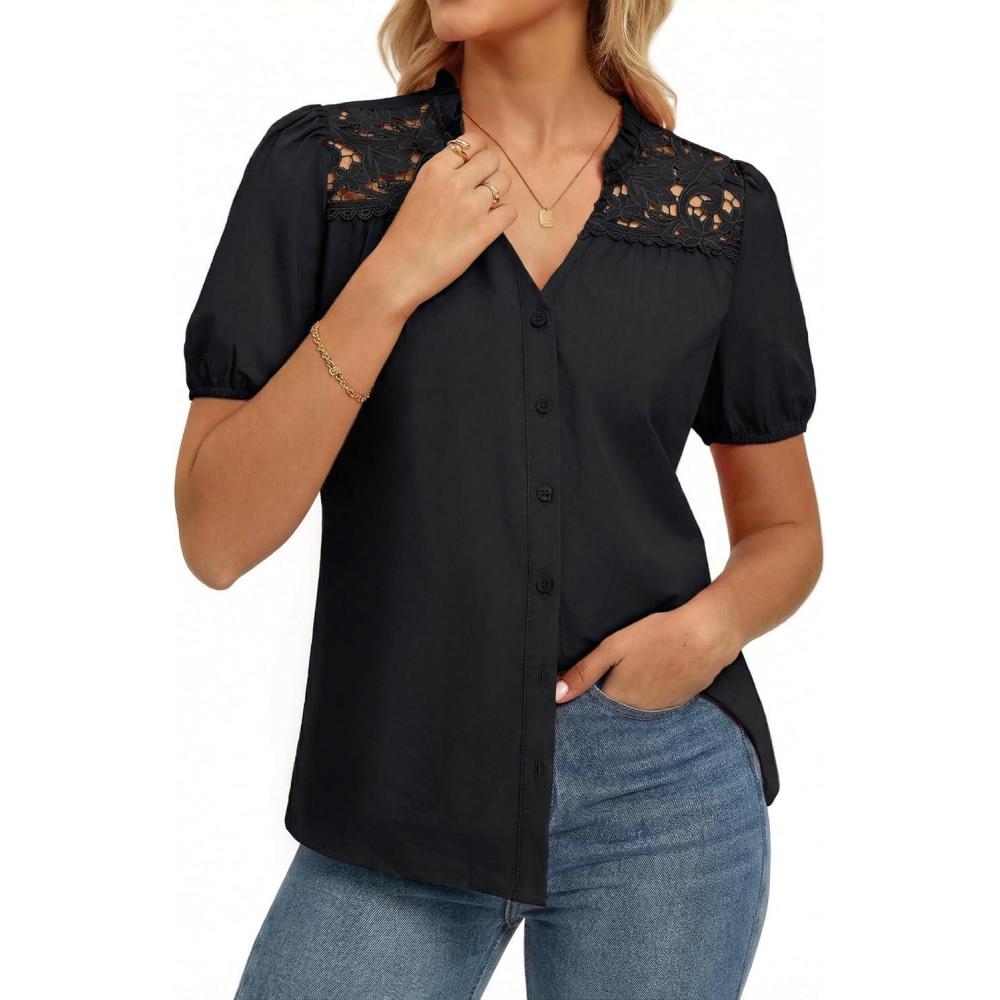 imageGRACE KARIN Womens 2026 Summer Casual Tops Dressy Short Sleeve Lace Shirts V Neck Button Down Work Blouses Outfits ShirtBlack