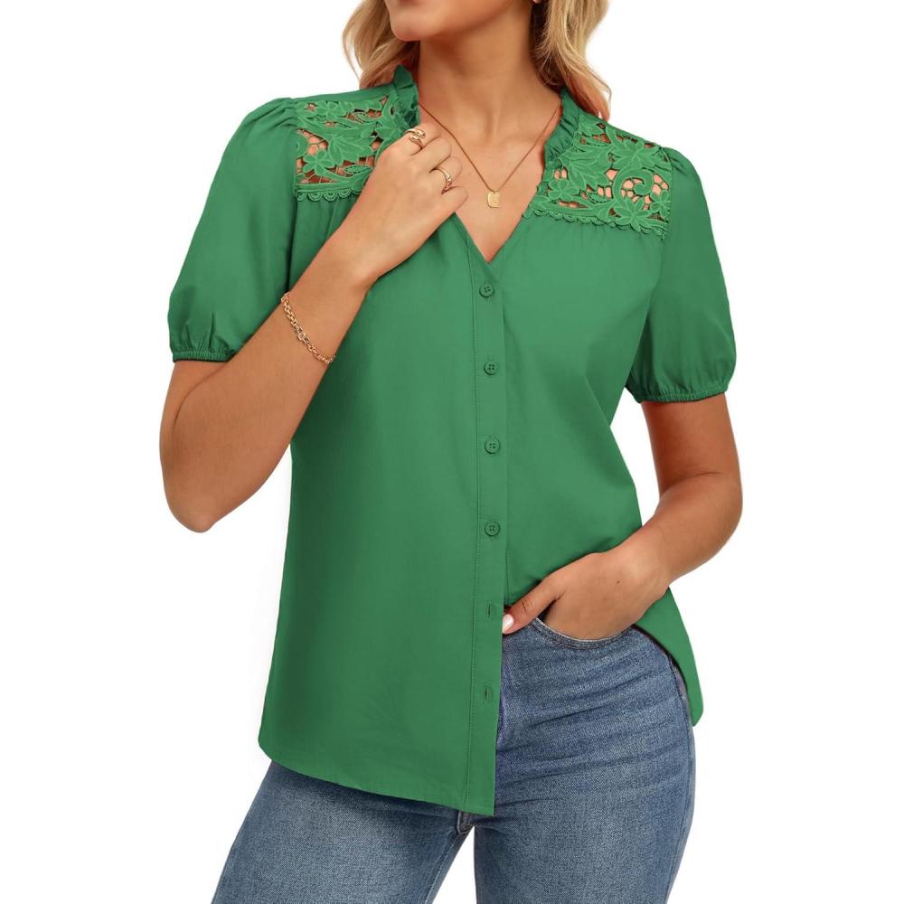 imageGRACE KARIN Womens 2026 Summer Casual Tops Dressy Short Sleeve Lace Shirts V Neck Button Down Work Blouses Outfits ShirtGreen
