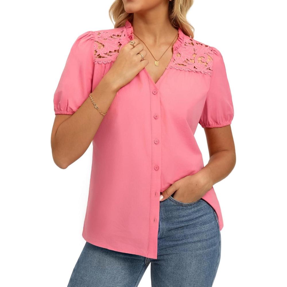 imageGRACE KARIN Womens 2026 Summer Casual Tops Dressy Short Sleeve Lace Shirts V Neck Button Down Work Blouses Outfits ShirtPink