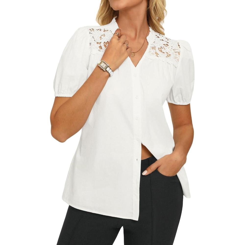 imageGRACE KARIN Womens 2026 Summer Casual Tops Dressy Short Sleeve Lace Shirts V Neck Button Down Work Blouses Outfits ShirtWhite