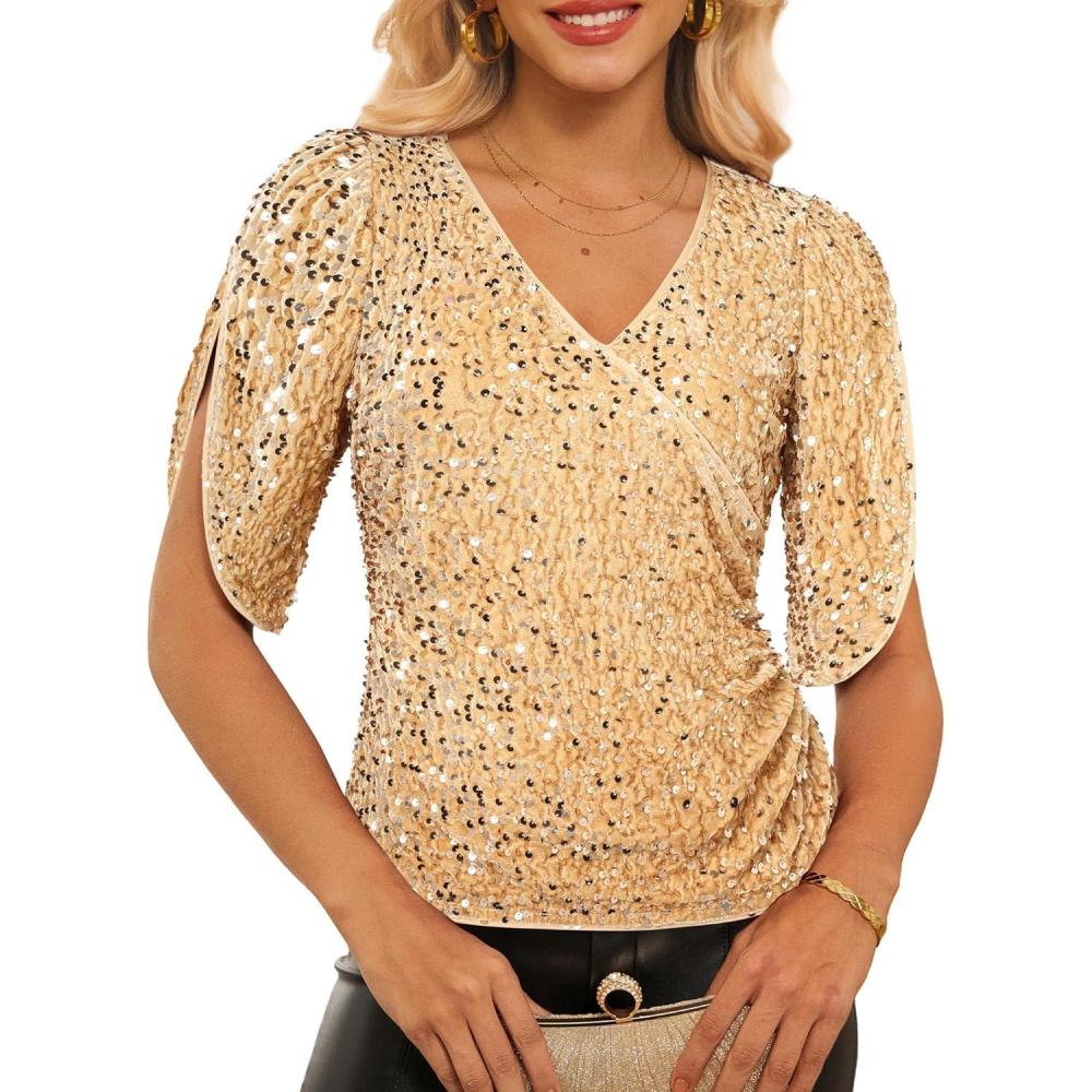 imageGRACE KARIN Womens 34 Length Sleeve Sequin Tops V Neck Velvet Ruched Blouses 2026 Glitter Trendy Party OutfitChampagne