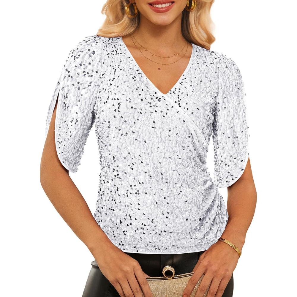 imageGRACE KARIN Womens 34 Length Sleeve Sequin Tops V Neck Velvet Ruched Blouses 2026 Glitter Trendy Party OutfitSilver