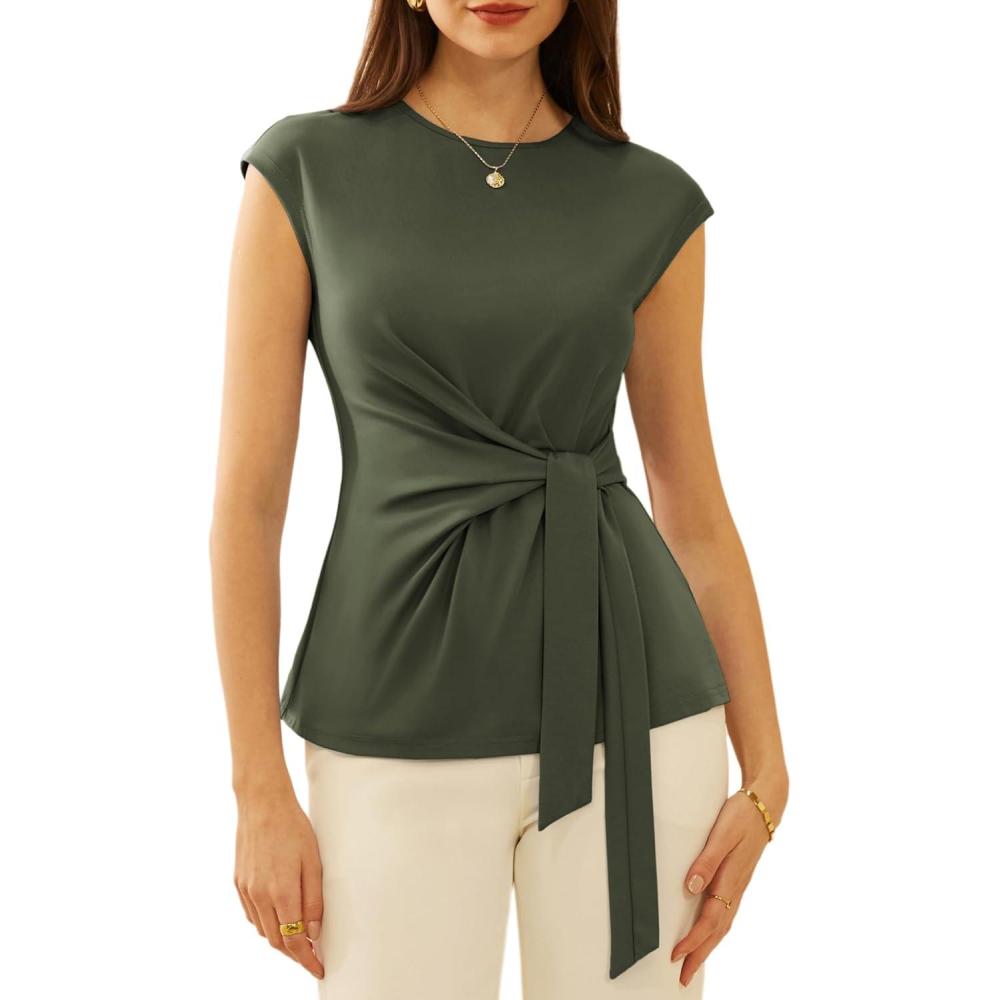 imageGRACE KARIN Womens Cap Sleeve Tops 2025 Summer Tie Waist Crew Neck Elegant Blouse Dressy Casual Work Business ShirtsArmy Green