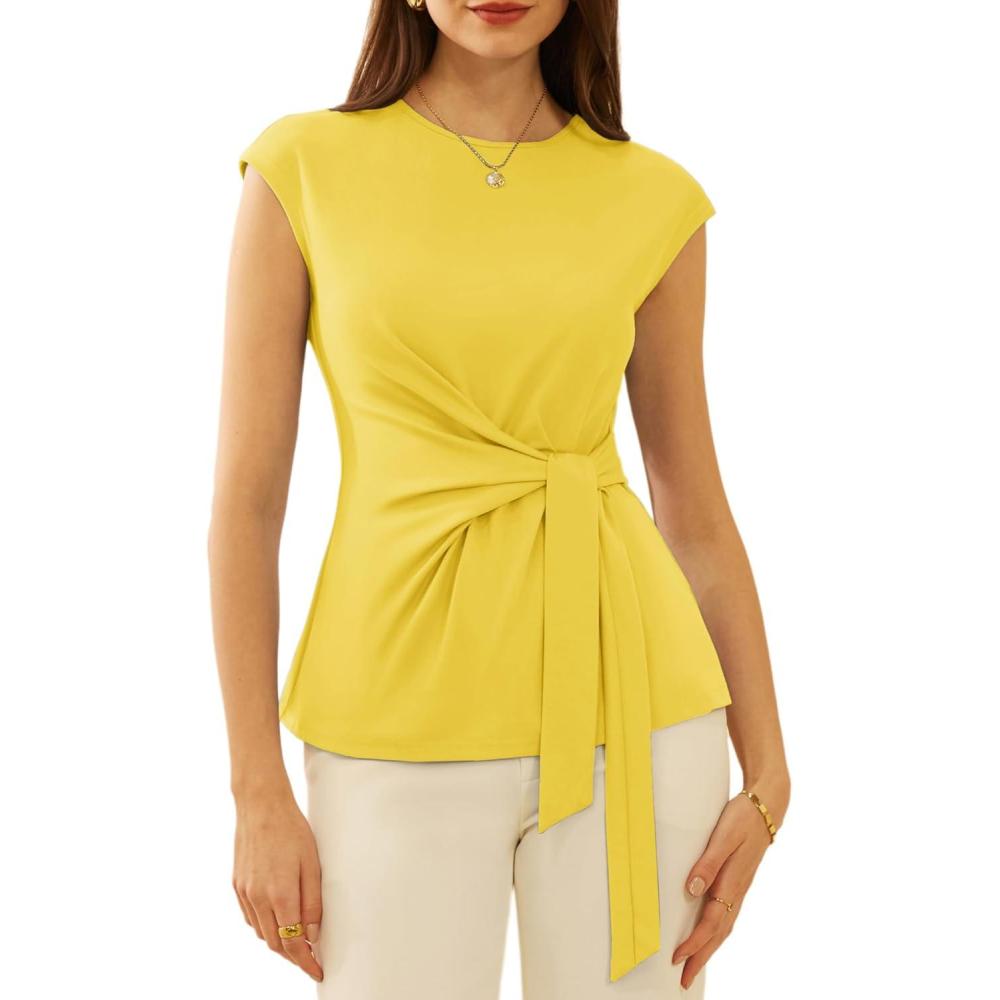 imageGRACE KARIN Womens Cap Sleeve Tops 2025 Summer Tie Waist Crew Neck Elegant Blouse Dressy Casual Work Business ShirtsBright Yellow