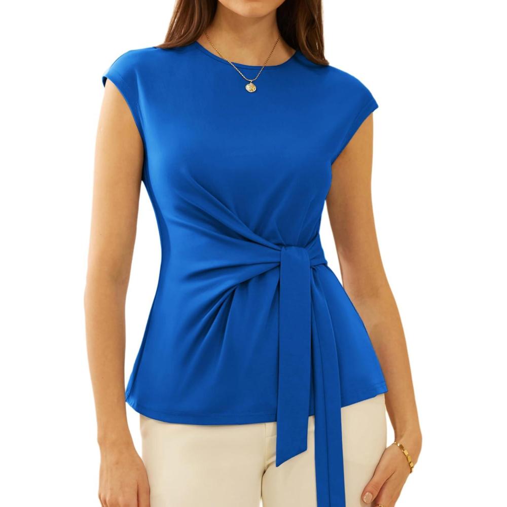 imageGRACE KARIN Womens Cap Sleeve Tops 2025 Summer Tie Waist Crew Neck Elegant Blouse Dressy Casual Work Business ShirtsDark Blue