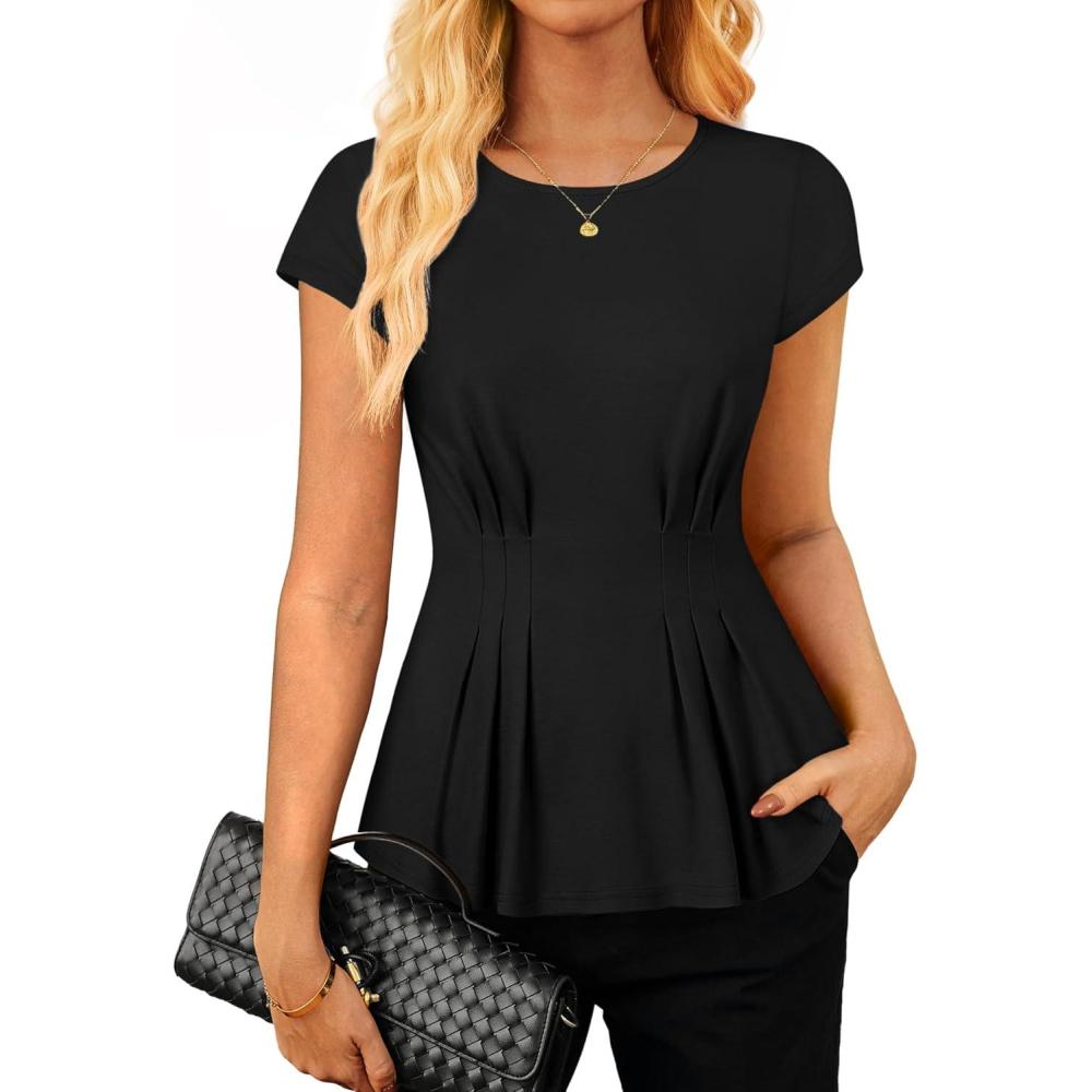 imageGRACE KARIN Womens Dressy Casual Peplum Tops 2026 Cap Sleeve Work Blouses Spring Summer Crew Neck Business ShirtsBlack