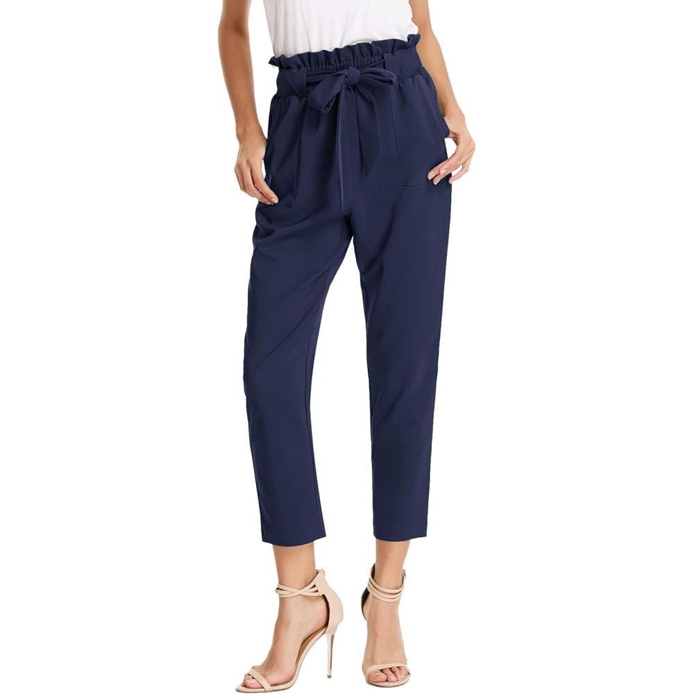 imageGRACE KARIN Womens Hight Waisted Work Pants Cropped Paper Bag Business Casual Pants with PocketsNavy Blue