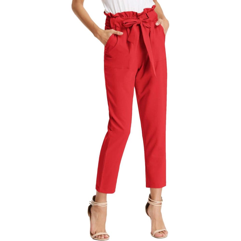 imageGRACE KARIN Womens Hight Waisted Work Pants Cropped Paper Bag Business Casual Pants with PocketsRed