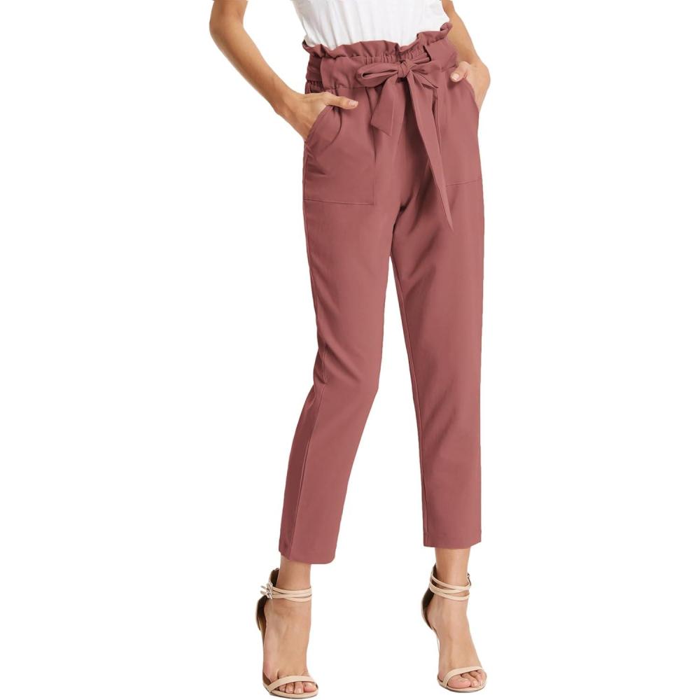 imageGRACE KARIN Womens Hight Waisted Work Pants Cropped Paper Bag Business Casual Pants with PocketsSalmon Pink