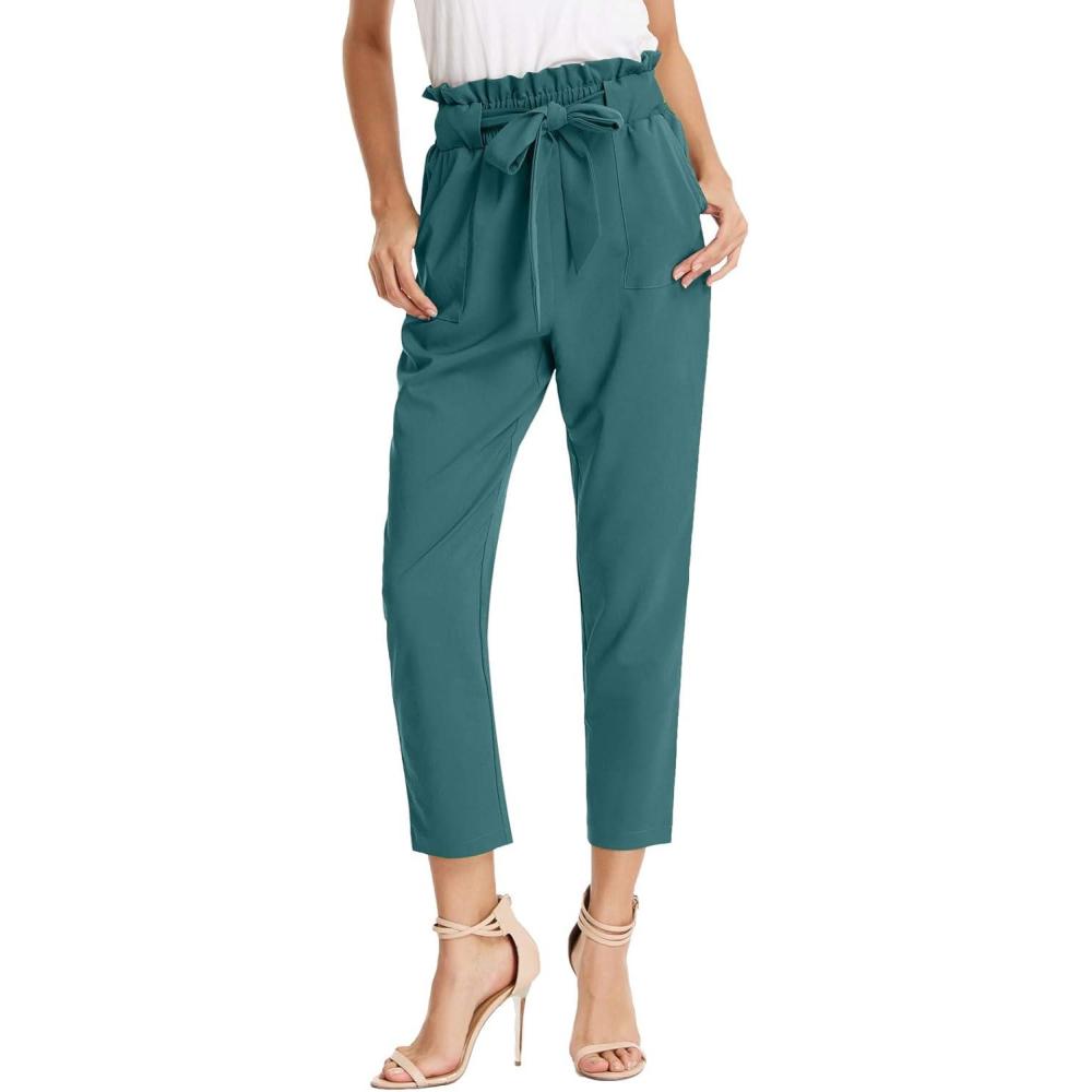 imageGRACE KARIN Womens Hight Waisted Work Pants Cropped Paper Bag Business Casual Pants with PocketsTeal Blue