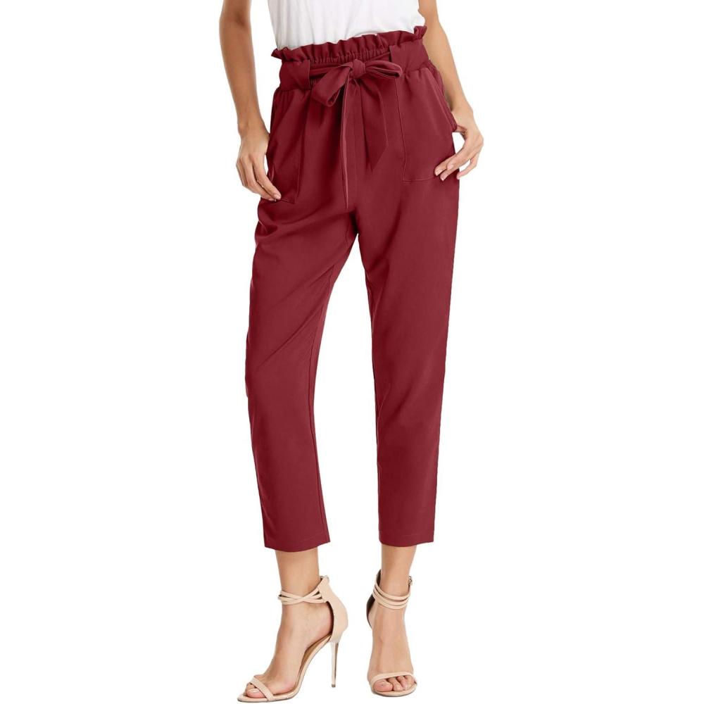 imageGRACE KARIN Womens Hight Waisted Work Pants Cropped Paper Bag Business Casual Pants with PocketsWine